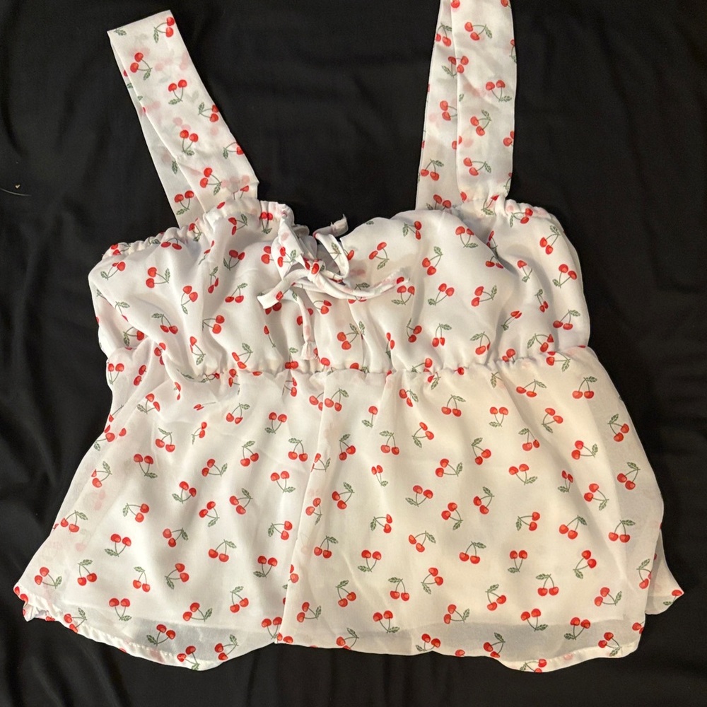 Cherry Print White Tank Top